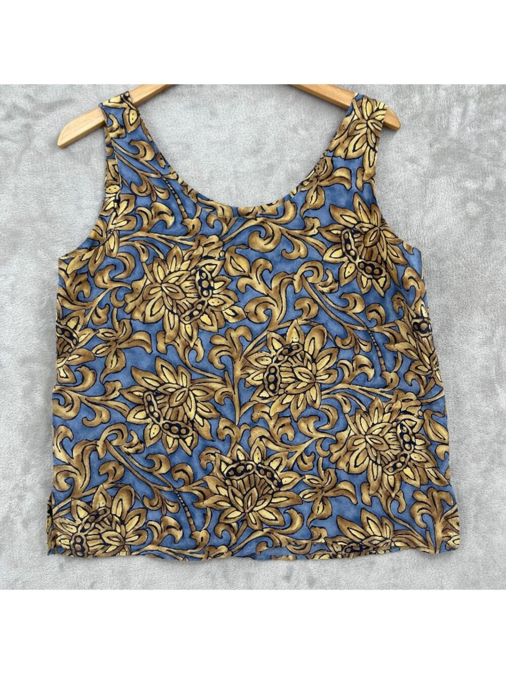 Vintage Express 90s 100% Silk Printed Floral Blue Yellow Tank Blouse